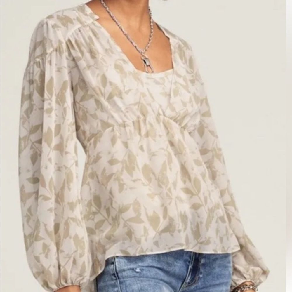 CAbi Couplet White Tan Semi Sheer Balloon Sleeve Plunge Neck Babydoll Boho Sz L